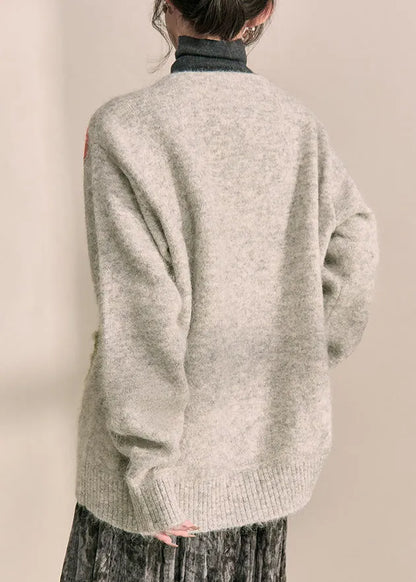 Boutique Grey V Neck Print Cotton Knit Cardigans Fall