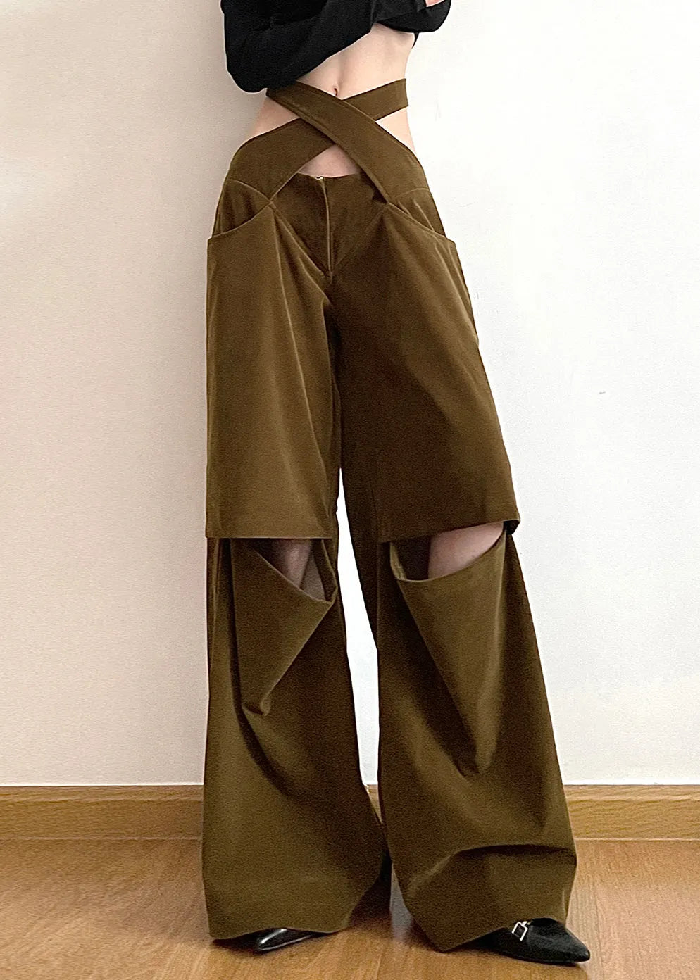 Brown Hollow Out Pockets Cotton Wide Leg Pants Fall