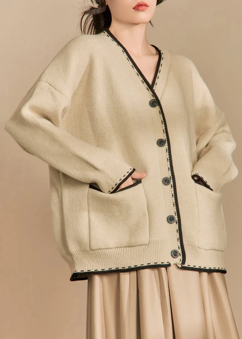 Loose Beige Button Pockets Cotton Knit Cardigan Winter