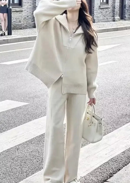 Purple Zip Up Sweaters and Pants Knit Two Pieces Set Winter