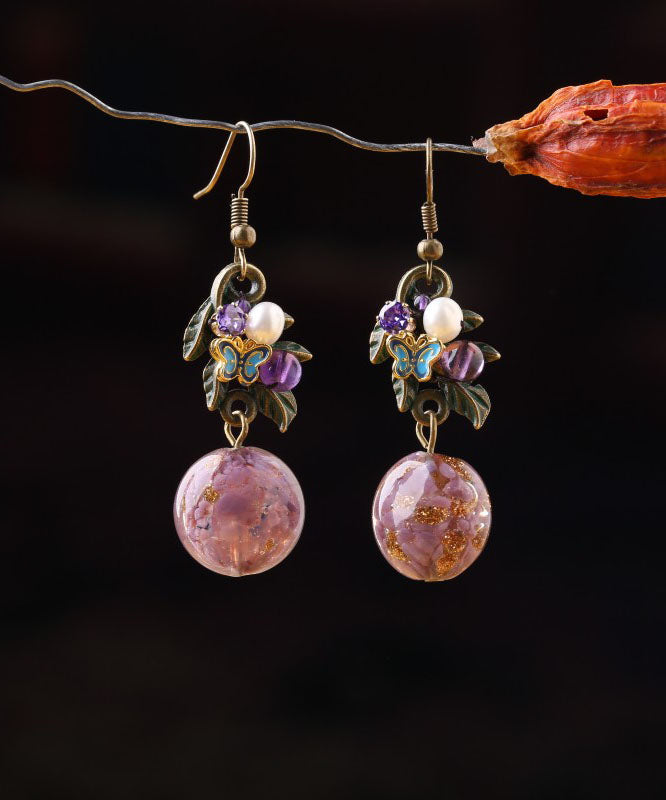 Purple Sterling Silver Zircon Jade Crystal Cloisonne Coloured Glaze Drop Earrings