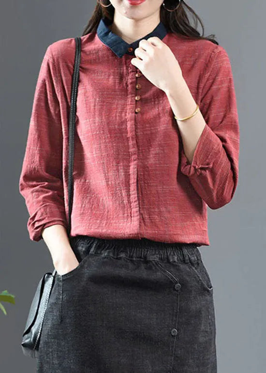 Red Peter Pan Collar Patchwork Cotton Shirt Long Sleeve