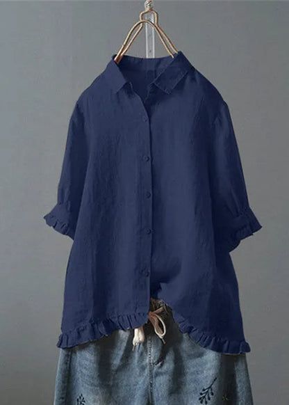 Loose White Ruffled Button Cotton Shirt Summer