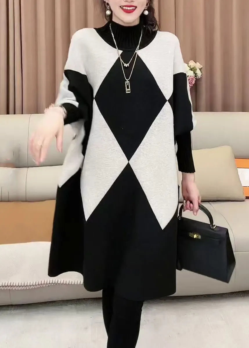 French Plaid Turtleneck Loose Knit Sweater Batwing Sleeve
