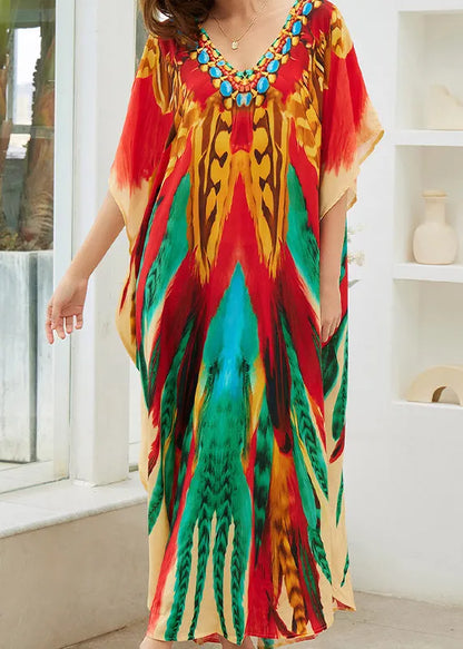 Boutique V Neck Print Side Open Cotton Maxi Dresses Summer