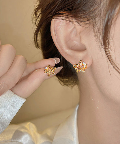 Modern Gold Copper Overgild Zircon Hollow Out Star Stud Earrings