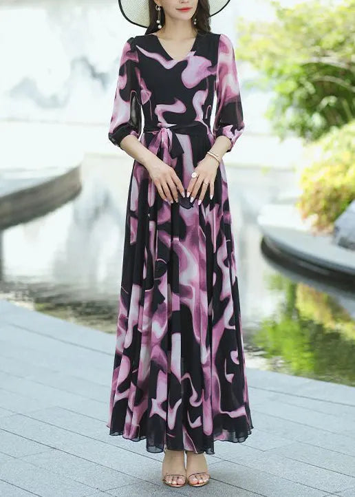 New V Neck Print Lace Up Chiffon Long Dress Summer