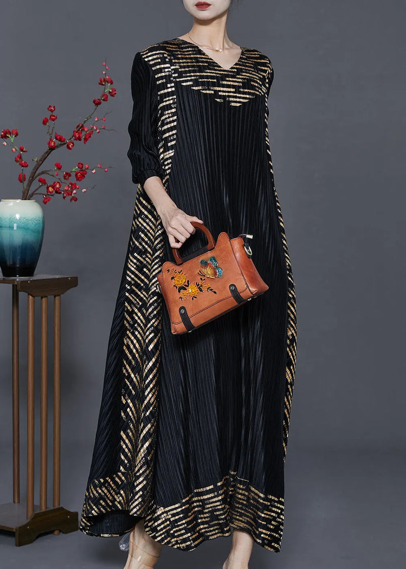 Black Oversized Print Wrinkled Silk Holiday Dresses Spring
