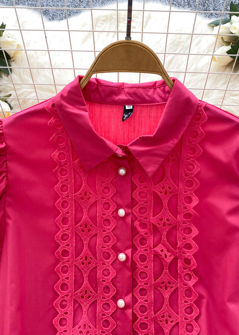 Rose Patchwork Lace Shirt Dress Lantern Sleeve