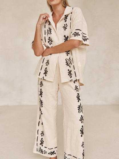 Wide Leg Black Printed Cream Pants
