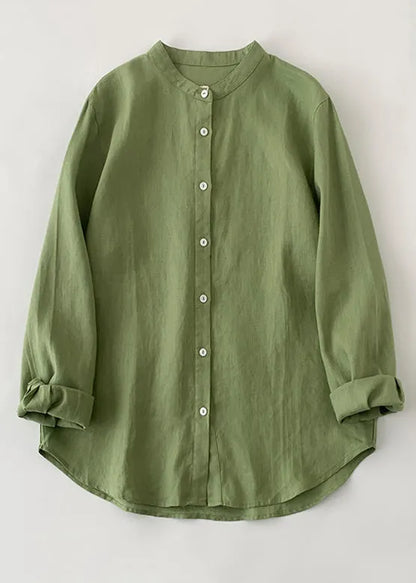 Loose Green O-neck Button Linen Shirts Spring