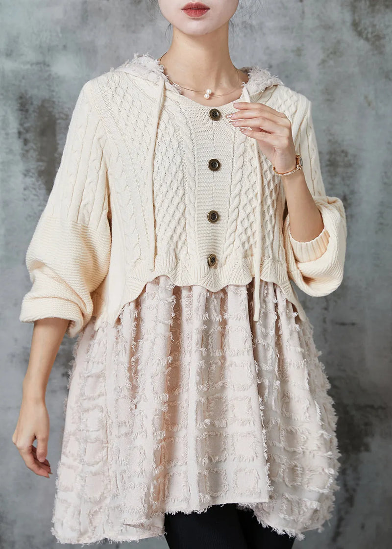 Beige Hooded Patchwork Knit Dress Spring