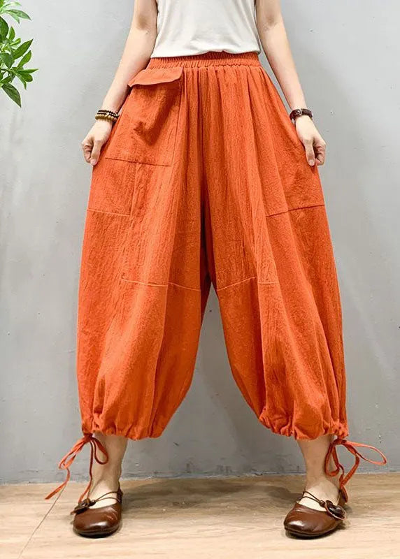 Orange Wrinkled Drawstring Patchwork Linen Lantern Pants Summer