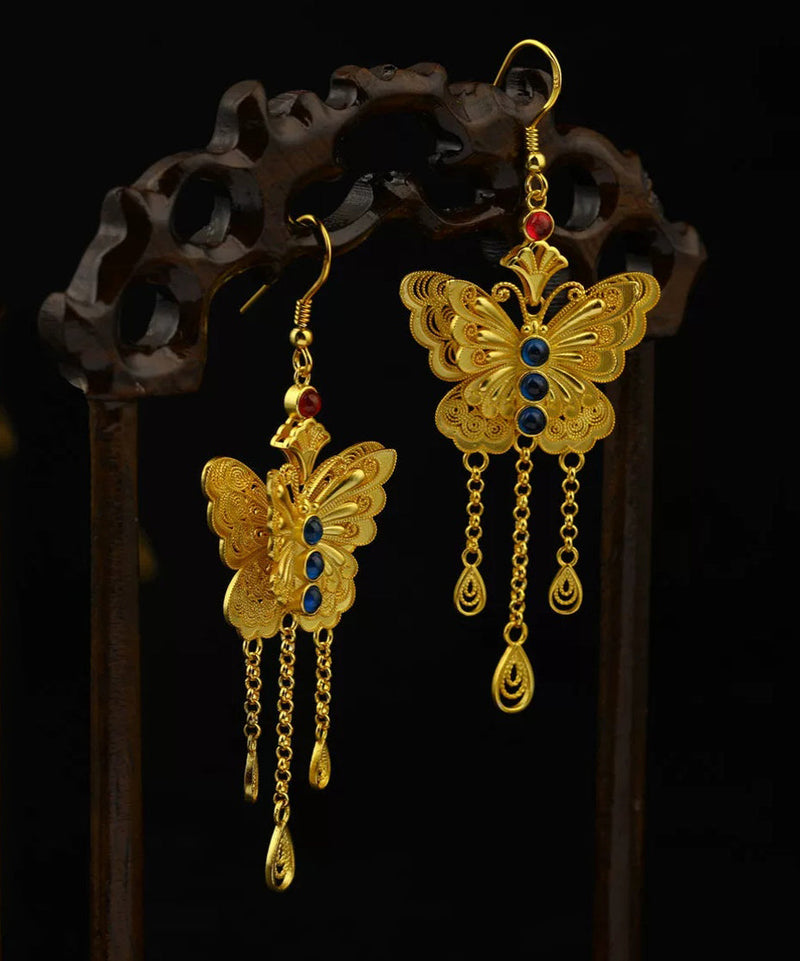 Retro Orange Sterling Silver Overgild Butterfly Tassel Drop Earrings