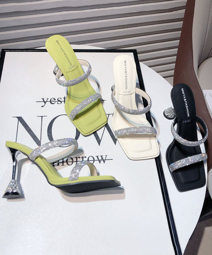 Green Zircon Faux Leather Splicing High Heel Slippers Peep Toe