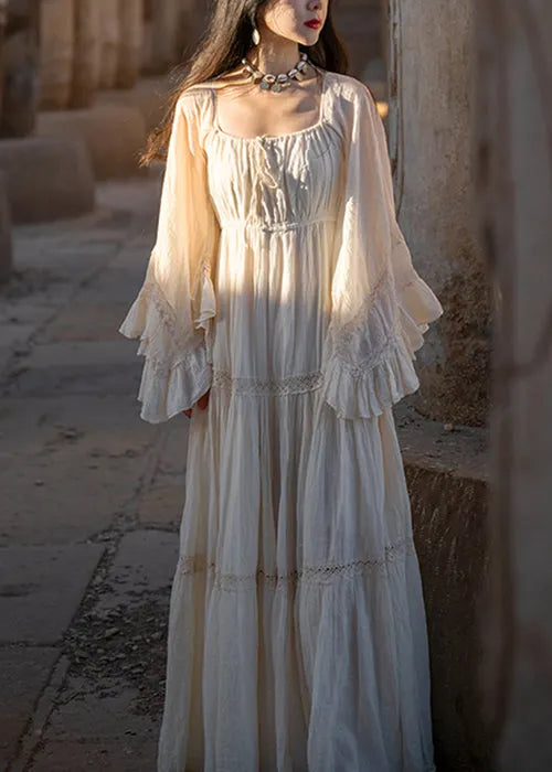 Art Beige Wrinkled Lace Up Cotton Long Dress Flare Sleeve
