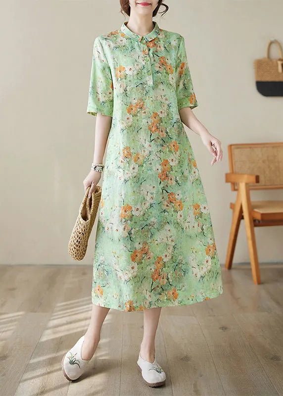 Green Peter Pan Collar Print Cotton Long Dresses Summer
