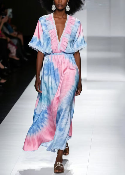 Rainbow Ruffled Tie Dye Chiffon Maxi Dress Summer