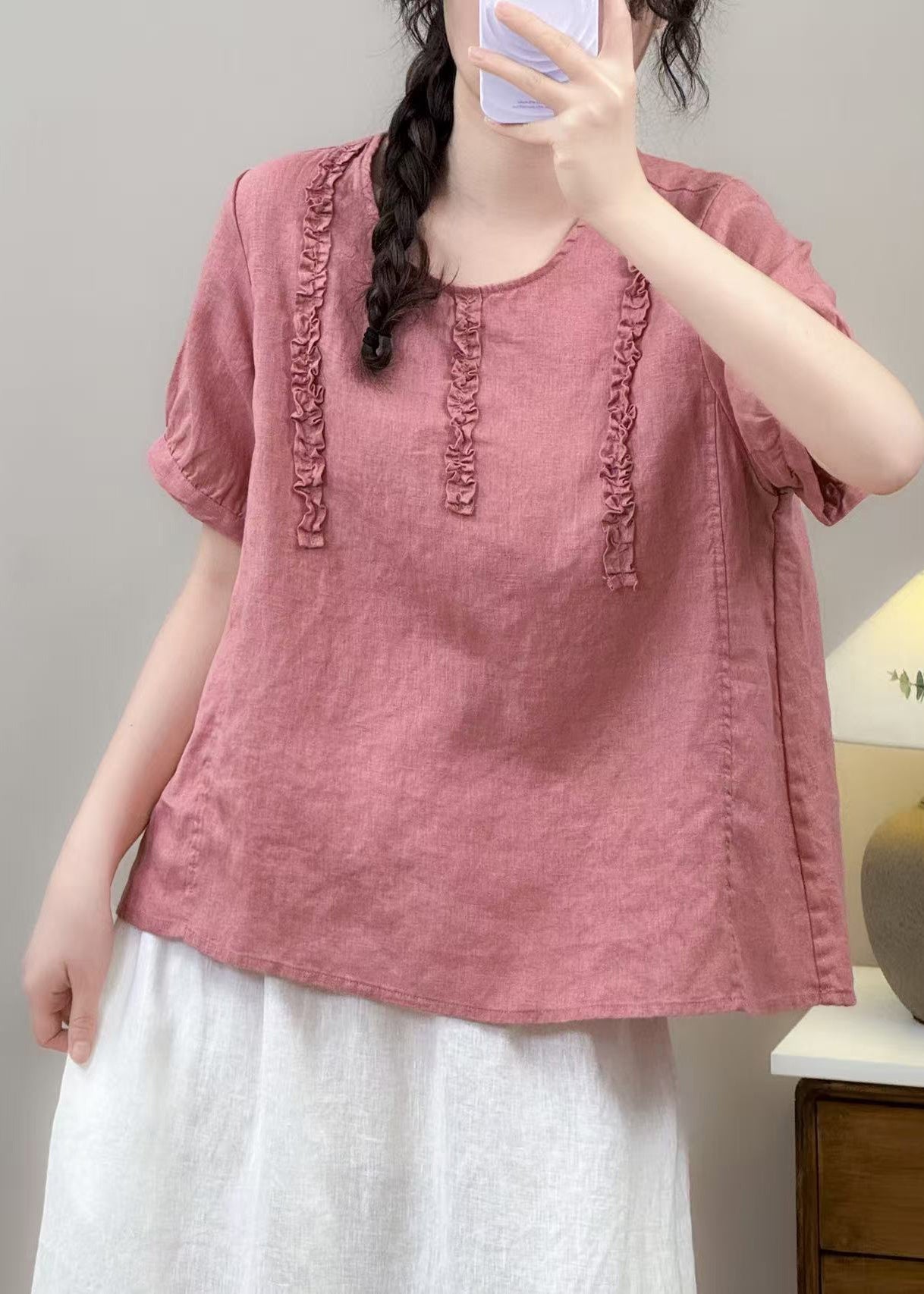 Pink Ruffled Cotton Shirt Top Summer