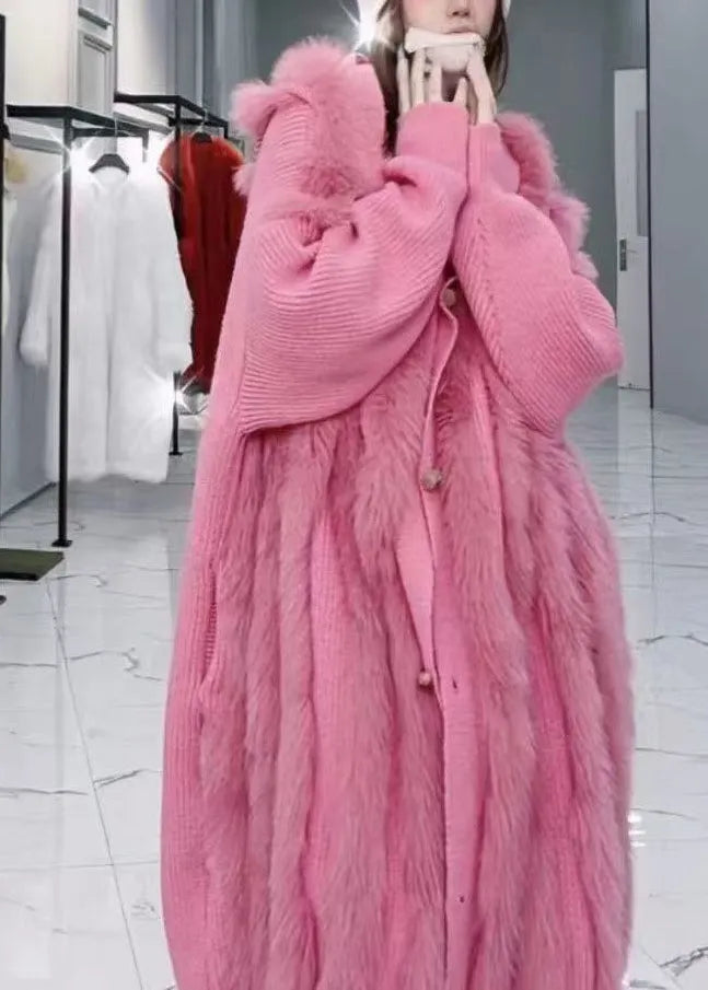 Grey Hooded Fox Fur Patchwork Knit Cardigan Fall