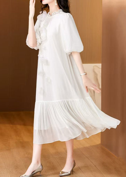 White Ruffled Silk Long Dress Summer