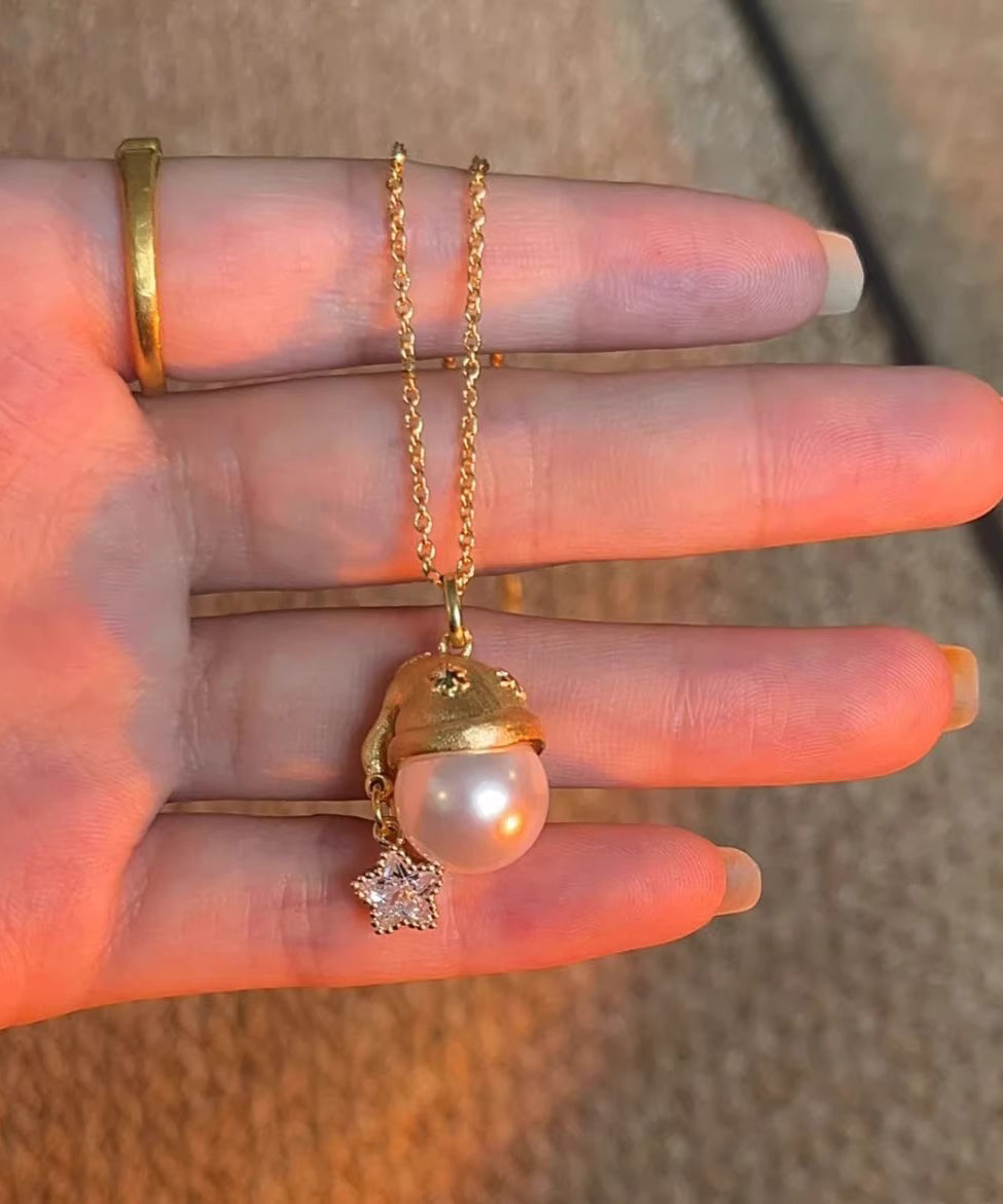 Gold Sterling Silver Overgild Zircon Pearl Star Santa's Hat Pendant Necklace