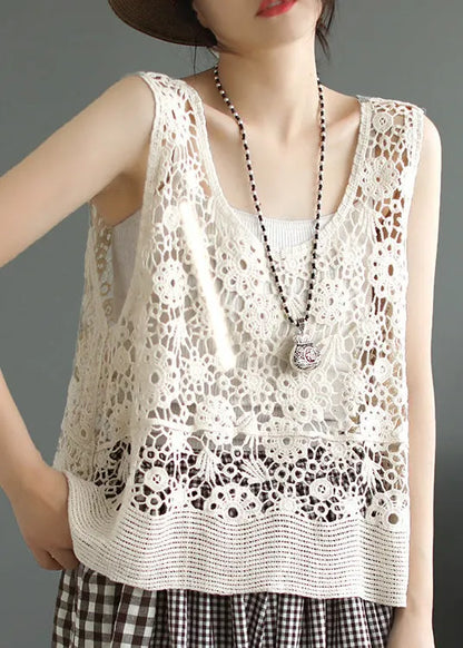 Simple Beige O-neck Patchwork Cotton Vest Sleeveless