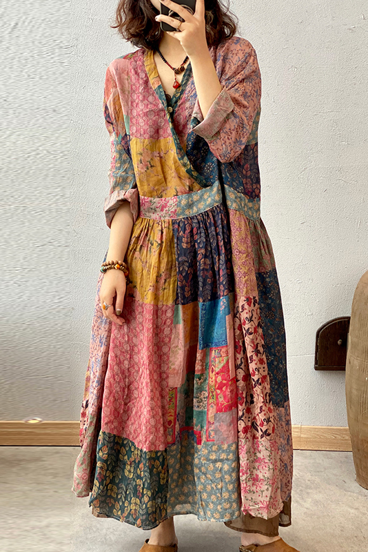 Summer Ramie Dress Patchwork Print Long Dress