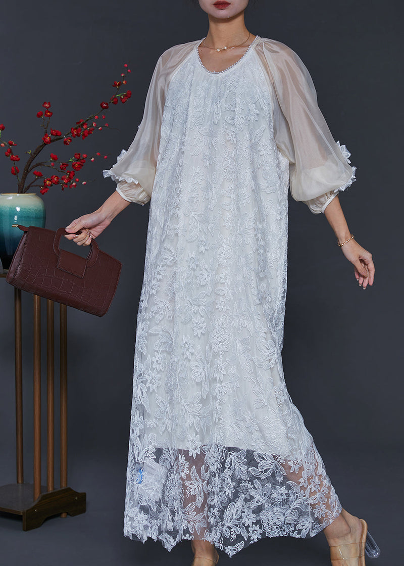 White Embroidered Tulle Robe Dresses Lantern Sleeve