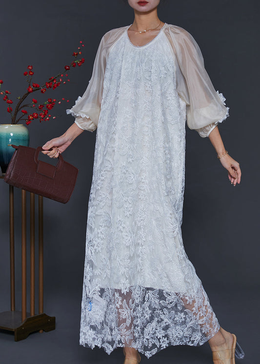 White Embroidered Tulle Robe Dresses Lantern Sleeve