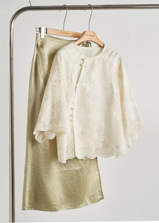 Loose White Embroidered Sequins Silk Shirt Top Bracelet Sleeve