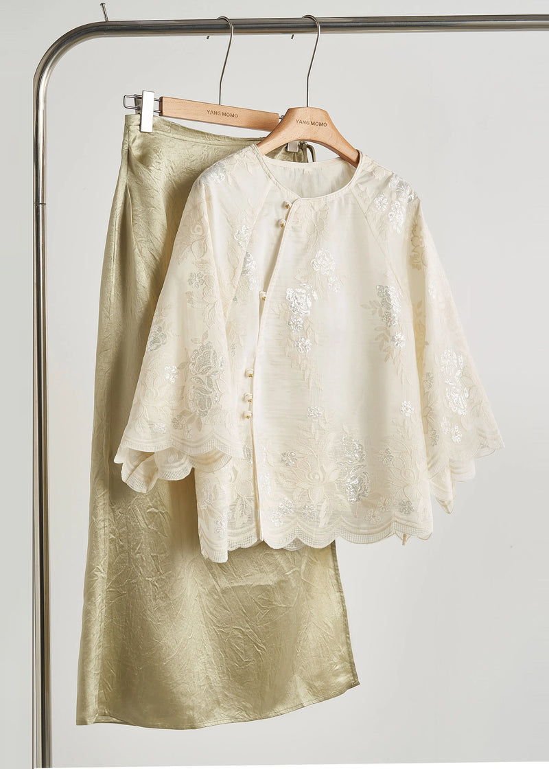 Loose White Embroidered Sequins Silk Shirt Top Bracelet Sleeve