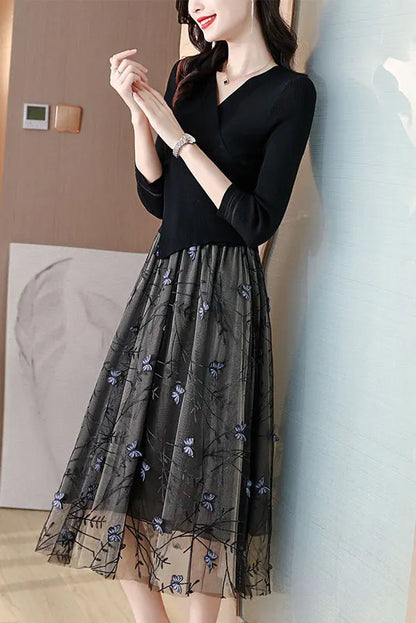 French Long Sleeve Knitted Mesh Embroidery Dress