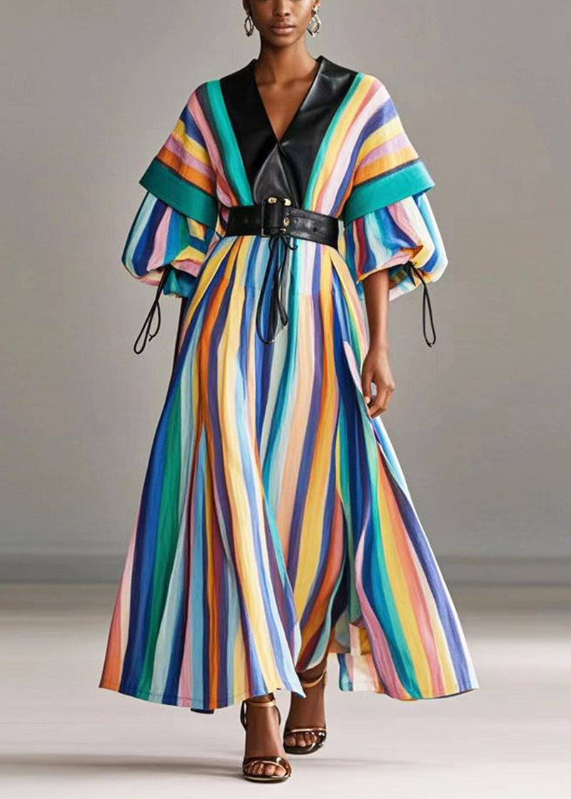 Rainbow Cinched Striped Cotton Holiday Dress Lantern Sleeve