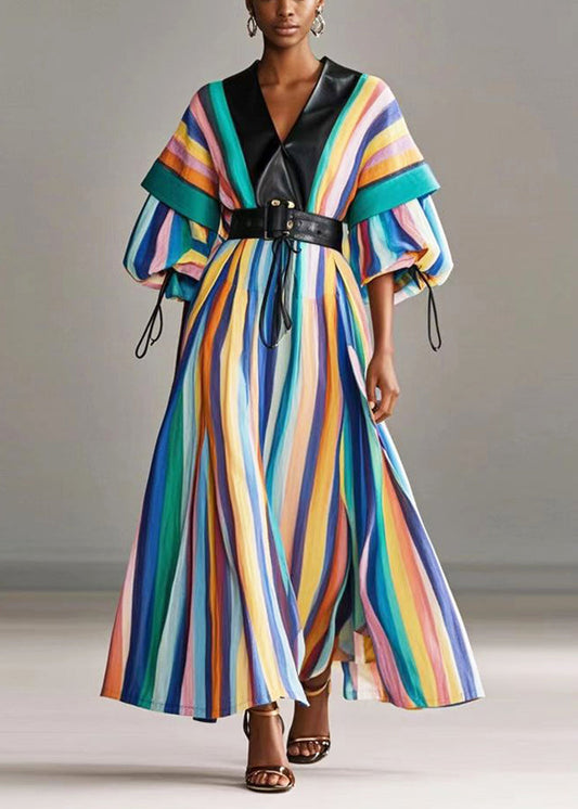 Rainbow Cinched Striped Cotton Holiday Dress Lantern Sleeve