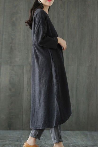 -new Loose Cotton Linen Dress Long Sleeve Dress
