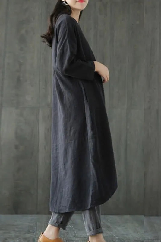 -new Loose Cotton Linen Dress Long Sleeve Dress