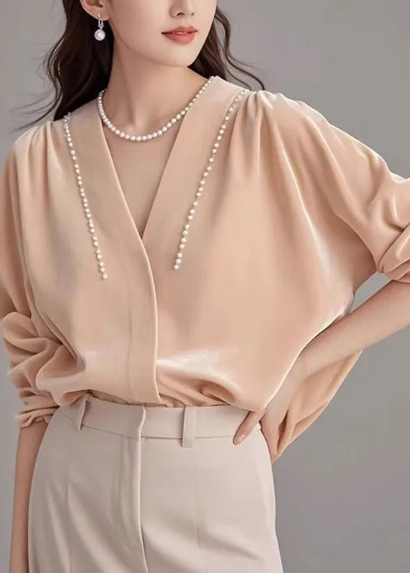 Art Pink V Neck Pearl Silk Velour Shirt Spring