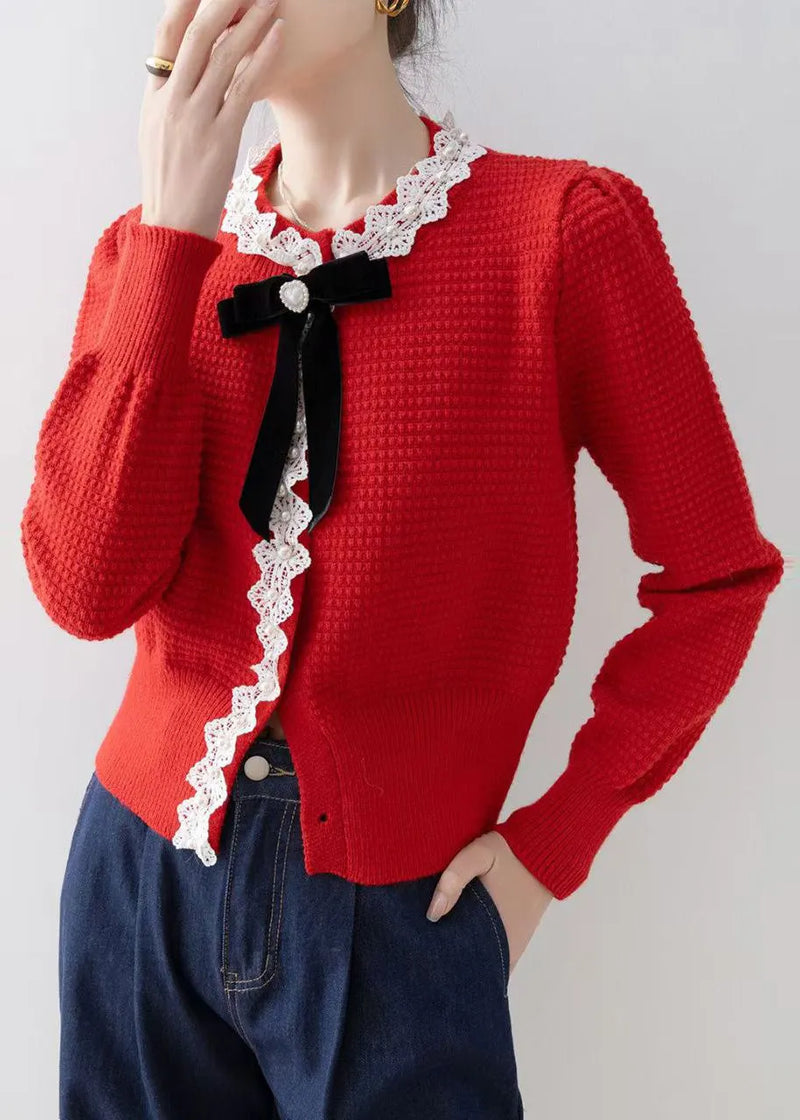 Red Bow Nail Bead Knit Cardigan Winter