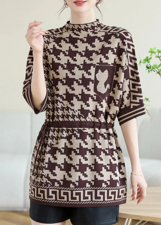 Classy Coffee O Neck Print Drawstring Knit Top Spring