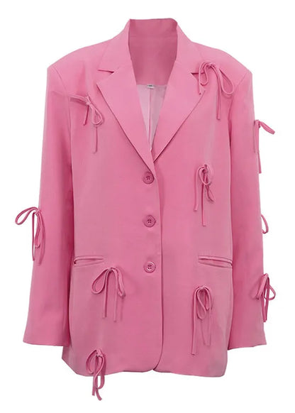 Pink Peter Pan Collar Pockets Bow Suit Coat Fall