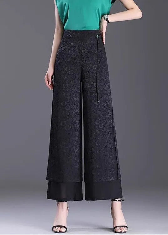 Chinese Style Green High Waisted Jacquard Straight Leg Pants Summer