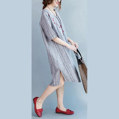 Light Gray Plaid Cotton Linen Dresses Half Sleeve Pockets O Neck Embroidery Cotton Linen Clothing Dresses