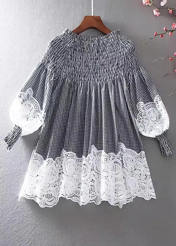 Grey Wrinkled Patchwork Lace Shirt Spring