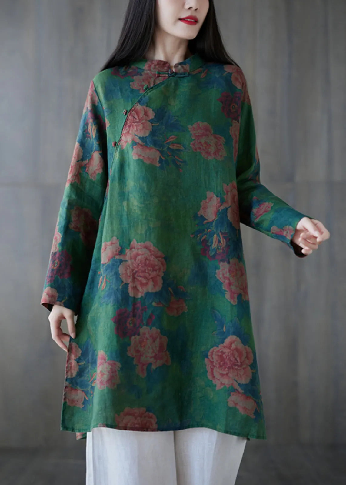 Green Button Print Linen Mid Dress Long Sleeve