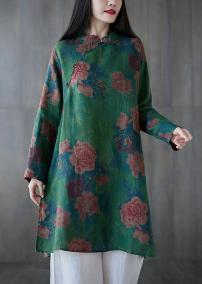 Green Button Print Linen Mid Dress Long Sleeve
