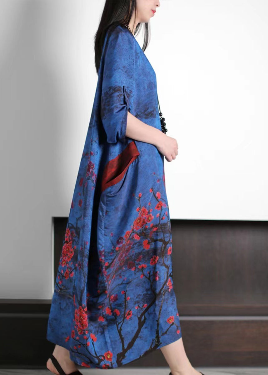 Navy Oversized Plum Blossom Print Silk Maxi Dress Spring