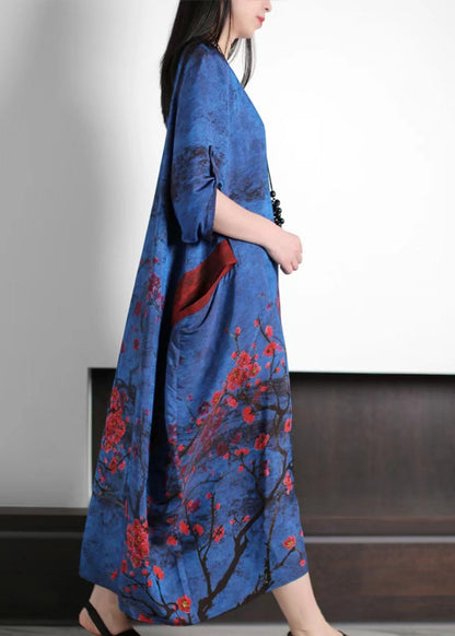 Navy Oversized Plum Blossom Print Silk Maxi Dress Spring