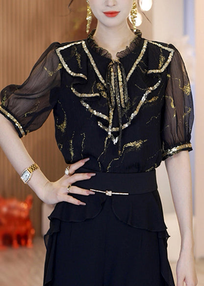Black Stand Collar Sequins Chiffon Top Short Sleeve