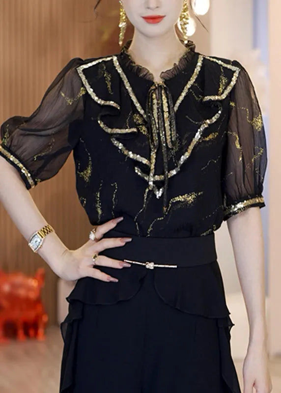 Black Stand Collar Sequins Chiffon Top Short Sleeve